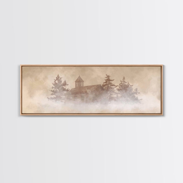 Foggy Chapel Stillness, Framed Canvas Print, Panoramic Frame, Christian Art Canvas, Christmas Art, Christian Wall Art, Christian Christmas