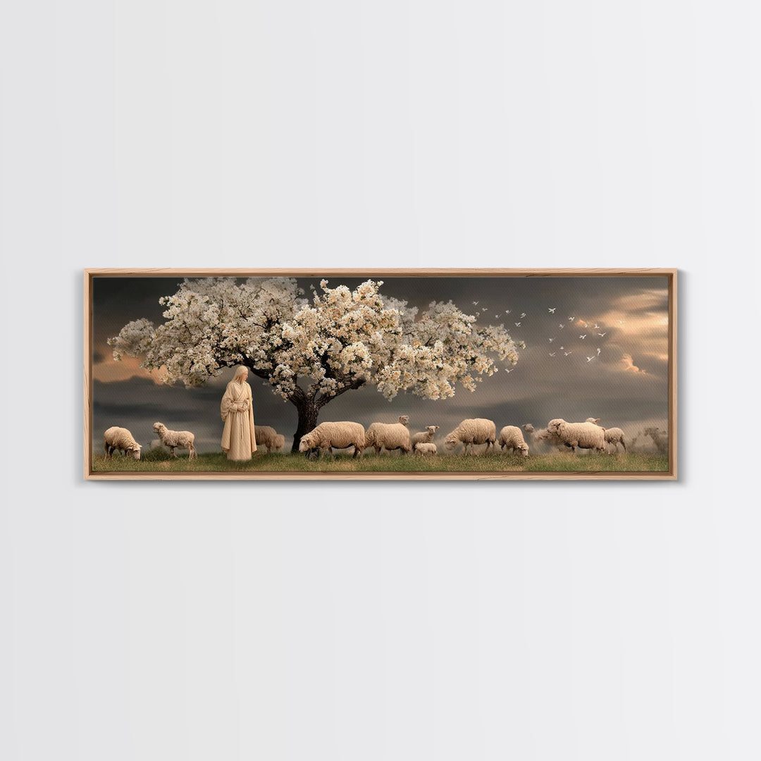 Gentle Orchard Calm, Framed Canvas Print, Christian Wall Art, Panoramic Painting, Jesus Art Print, Christian Christmas Art, Christian Canva