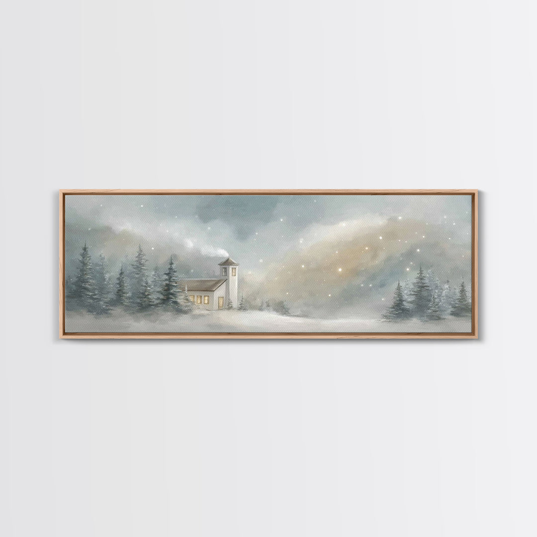 Snowy Chapel Light – Framed Canvas Print – Panoramic Painting – Christian Wall Art – Christmas Art – Christian Art Canvas – Christian Chris
