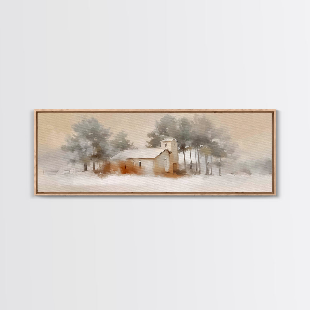 Silent Chapel Glow, Framed Canvas Print, Christian Wall Art, Christmas Canvas Wall Art, Christian Christmas Art, Panoramic Print, Christian