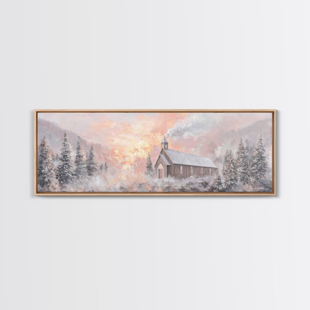 Snowlit Church Dawn | Framed Canvas Print | Christian Wall Art | Christmas Art Work | Christian Christmas Decor | Panoramic Painting | Chri