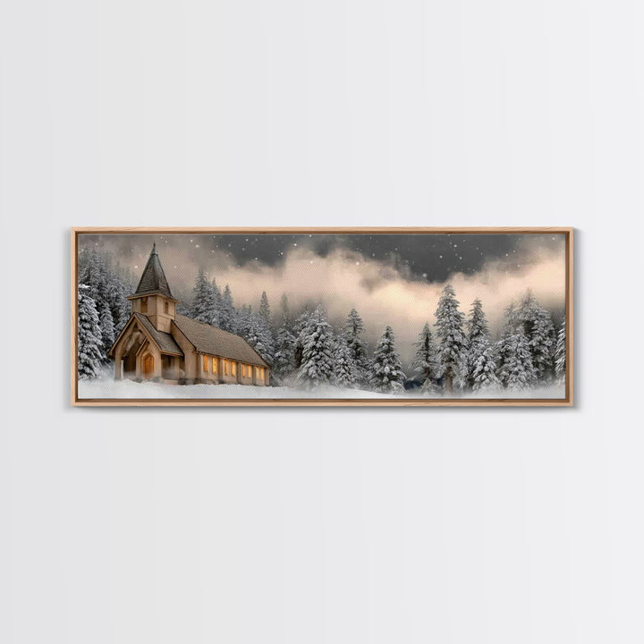 Midnight Chapel Light – Framed Canvas Print – Christian Wall Art – Framed Christmas Art – Christian Christmas Decorations – Panoramic Art –