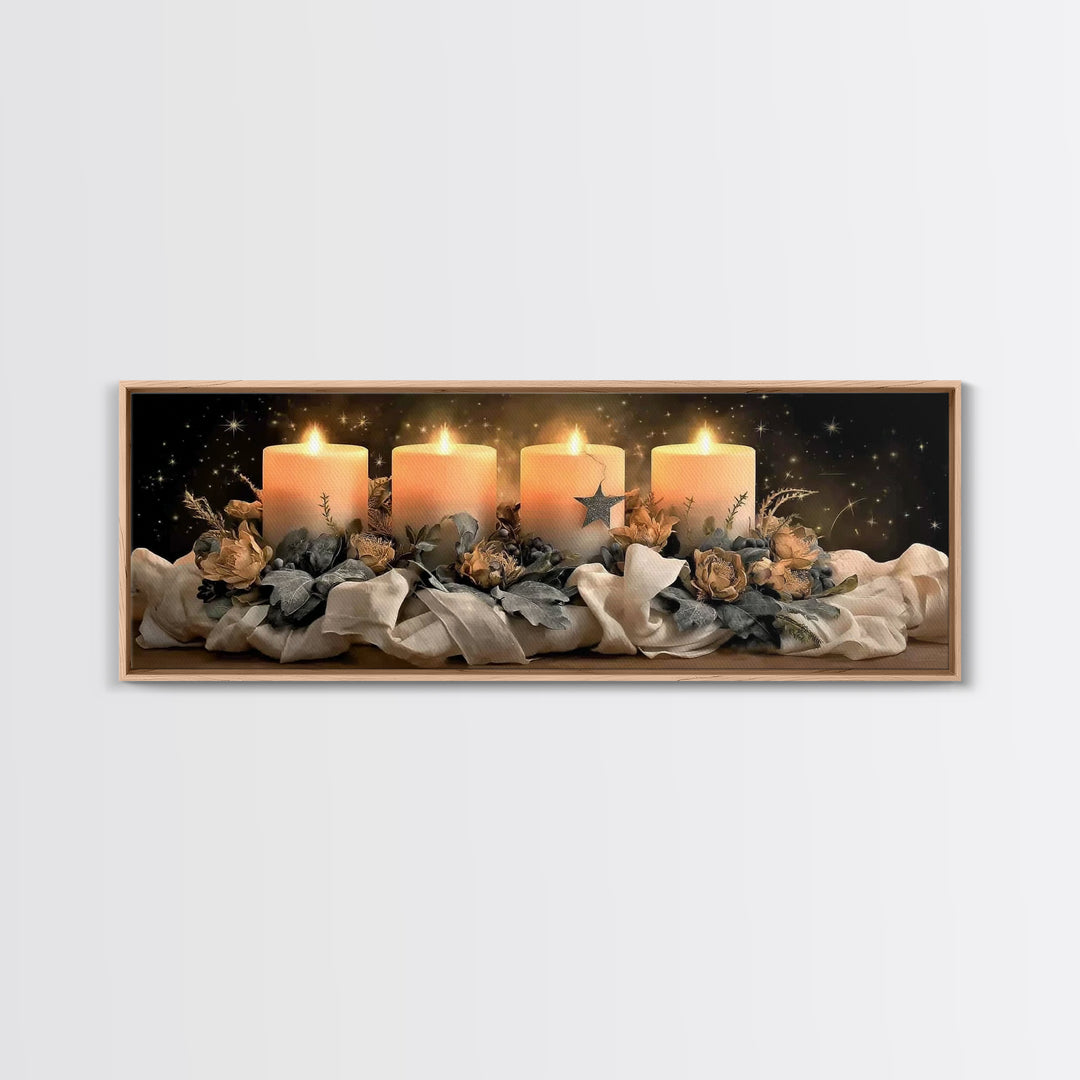 Heavenly Candle Light – Framed Canvas Print – Christian Wall Art – Christian Art Canvas – Christmas Art – Panoramic Art – Christian Christm