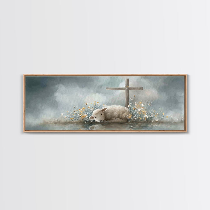 Gentle Lamb Peace, Framed Canvas Print, Christian Art Canvas, Panoramic Wall Art, Christian Painting, Christmas Art, Christian Gift Ideas