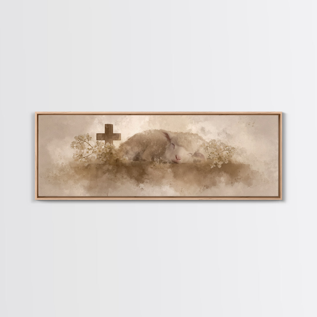Lamb Of Comfort | Framed Canvas Print | Christian Art Canvas | Extra Wide Art | Christian Paintings | Christmas Canvas Wall Art | Christian