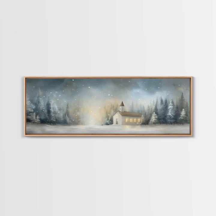Winter Chapel Peace – Framed Canvas Print – Christian Wall Art – Panoramic Print – Christmas Art – Modern Christian Art – Christian Gift Id
