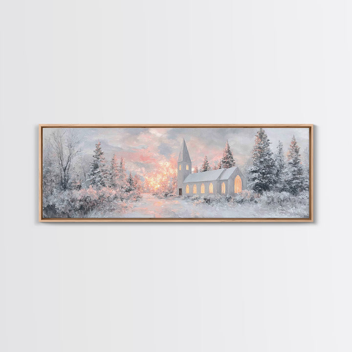 Radiant Winter Church, Framed Canvas Print, Christmas Wall Art, Christian Art Canvas, Moody Christmas Art, Panoramic Wall Art, Christian De