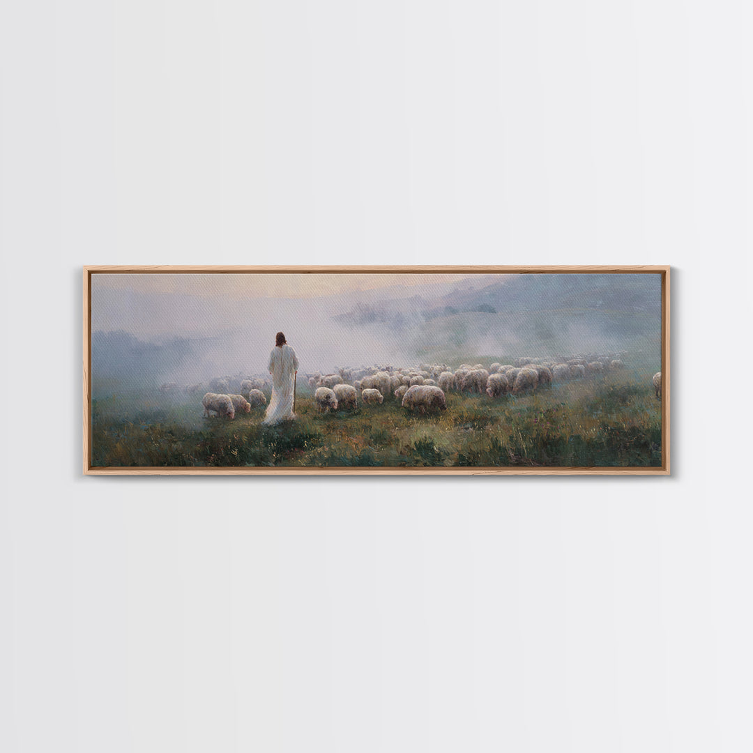 Morning Shepherd Peace, Framed Canvas Print, Jesus Painting, Christian Art Canvas, Pastoral Christian Art, Panoramic Art, Christian Gift Id