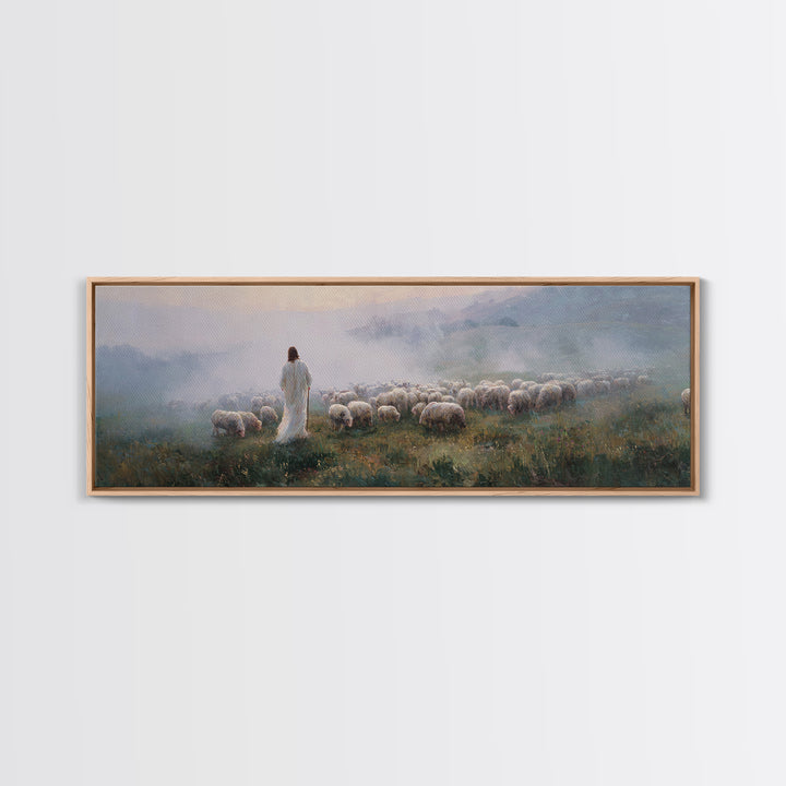Morning Shepherd Peace, Framed Canvas Print, Jesus Painting, Christian Art Canvas, Pastoral Christian Art, Panoramic Art, Christian Gift Id