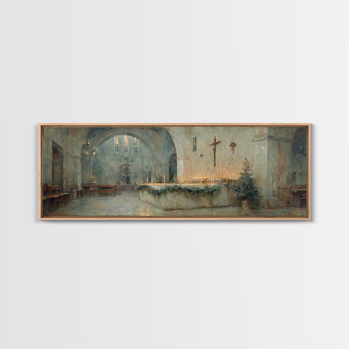 Glowing Chapel Stillness, Framed Canvas Print, Christmas Art Prints, Christian Wall Art, Panoramic Art, Christian Art Canvas, Christian Chr