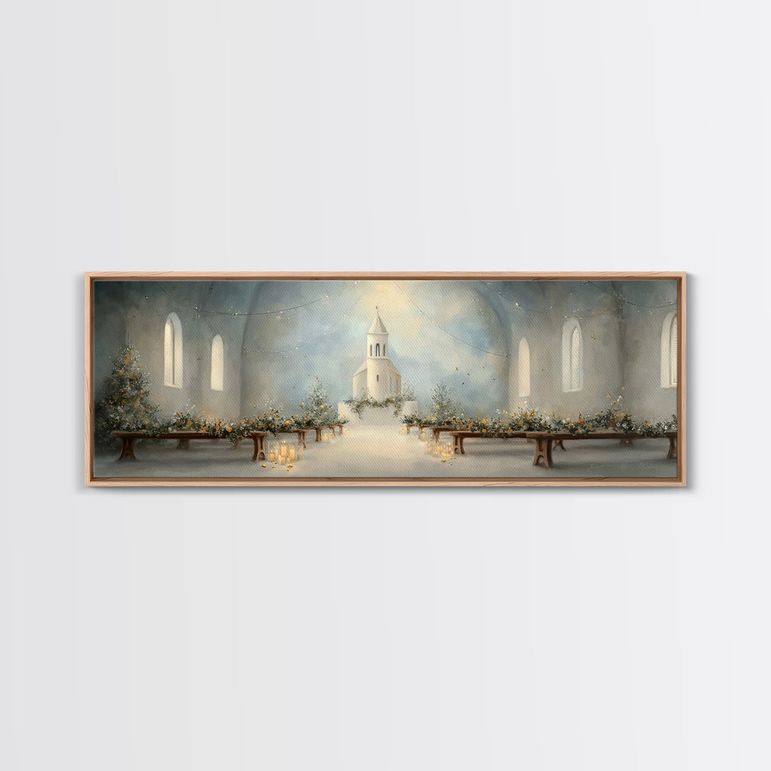 Quiet Church Reverence | Framed Canvas Print | Christian Art | Christmas Wall Art | Panoramic Painting | Christian Art Work | Christian Chr