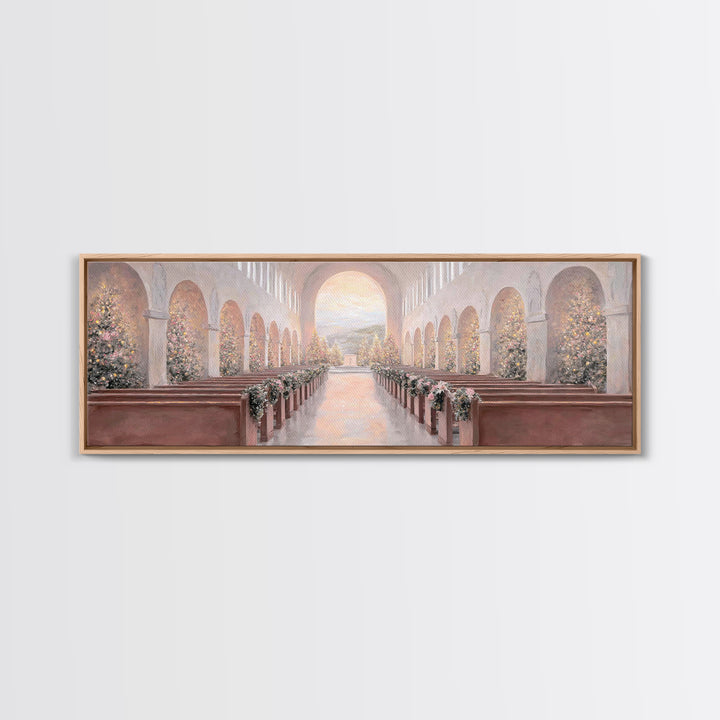 Winter Chapel Radiance, Framed Canvas Print, Christian Wall Art, Christian Art Canvas, Panoramic Art, Christmas Art, Christian Christmas De