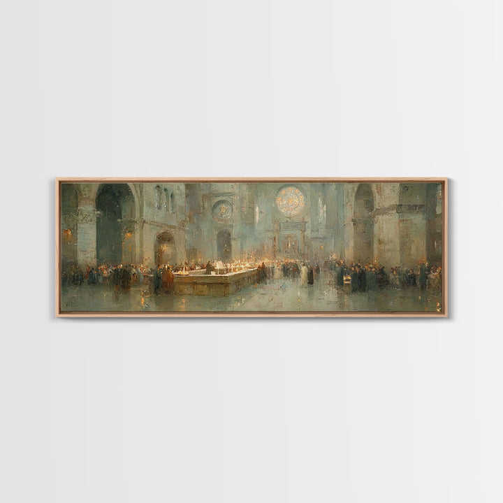 Gathered In Worship – Framed Canvas Print – Christian Wall Art – Panoramic Frame – Christmas Art – Christian Art Canvas – Christian Christm