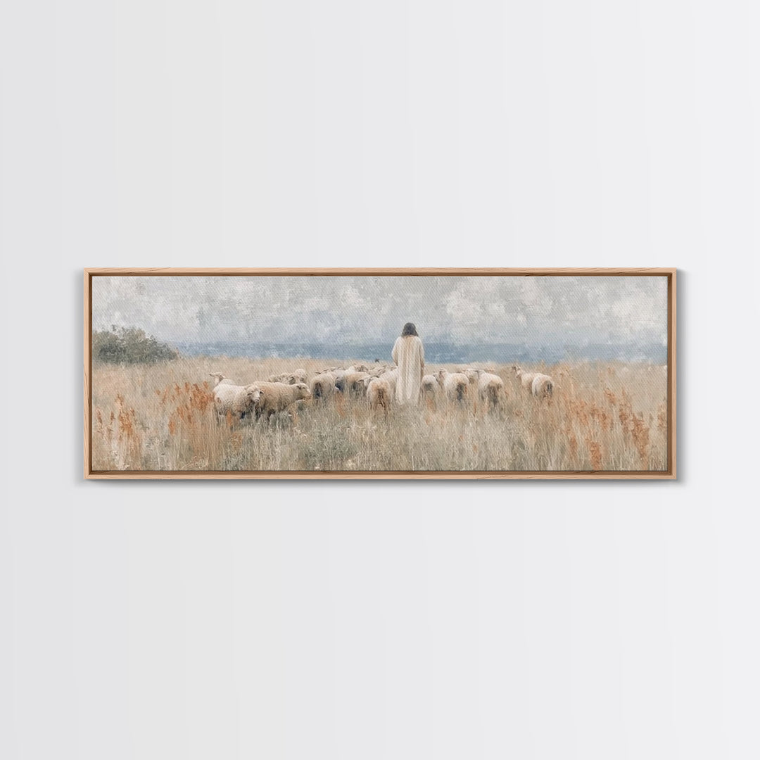 Pastoral Grace – Framed Canvas Print – Christian Wall Art – Jesus Painting – Panoramic Art – Christian Art Canvas – Christmas Art