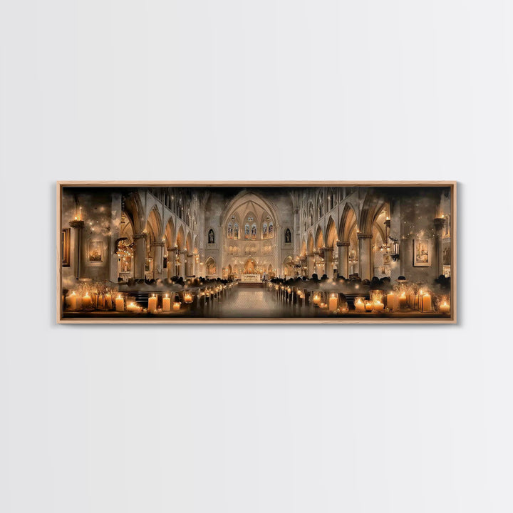 Cathedral Candle Vigil – Framed Canvas Print – Christian Wall Art – Panoramic Painting – Christian Christmas Art – Christian Art Canvas – C