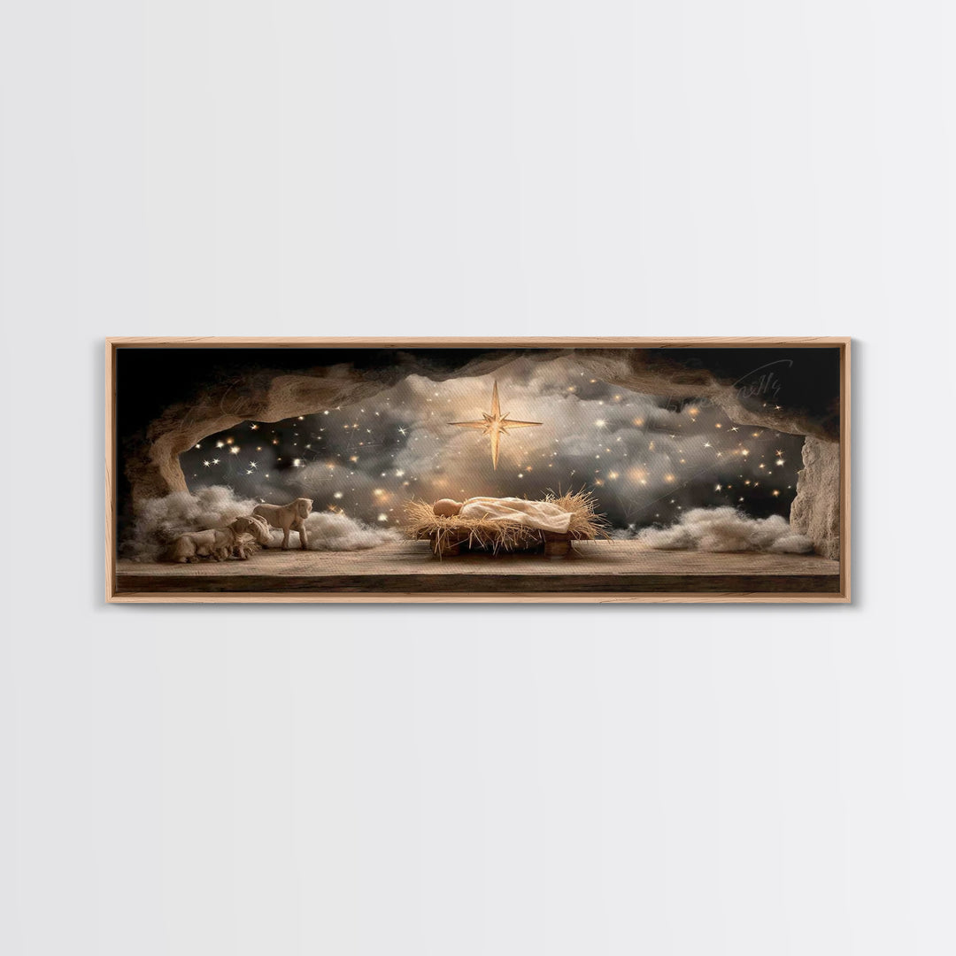 Star Of Bethlehem | Framed Canvas Print | Christmas Art | Panoramic Wall Art | Jesus Christmas Art | Christian Wall Art | Christian Art Can
