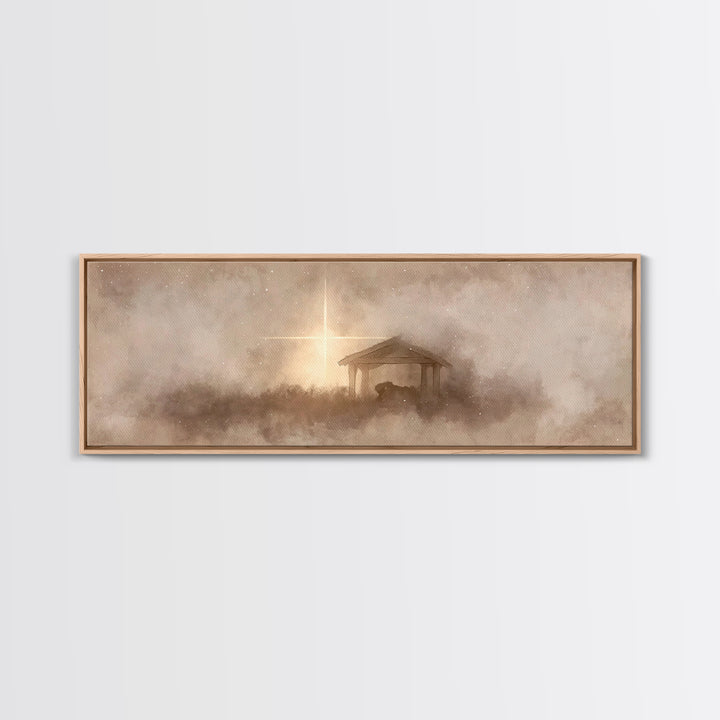 Silent Manger Light, Framed Canvas Print, Christian Christmas Art, Panoramic Art, Christian Wall Art, Christmas Canvas Wall Art, Christian