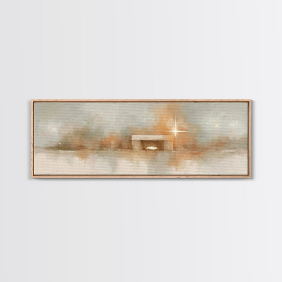 Humble Nativity | Framed Canvas Print | Christian Wall Art | Panoramic Print | Christmas Art | Jesus Christmas Art | Christian Art Print