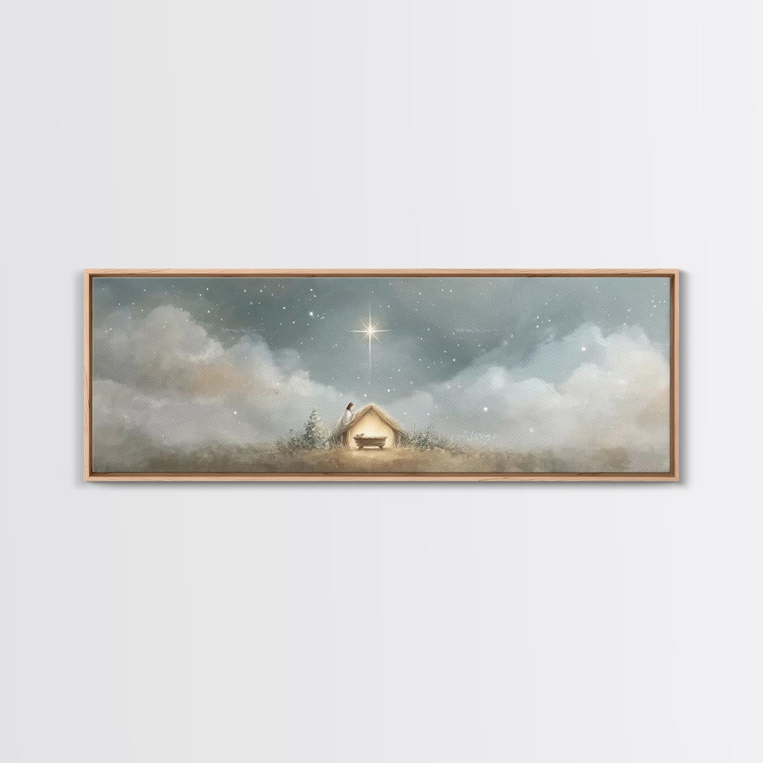 Manger Serenity, Framed Canvas Print, Christmas Art, Panoramic Wall Art, Christian Art Canvas, Christian Christmas Decor, Christian Paintin