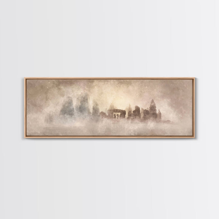 Misty Ancient Stones | Framed Canvas Print | Christian Art | Christian Painting | Minimalist Christian Art | Panoramic Art | Christian Wall