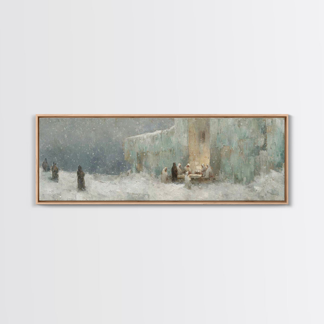 Winter Gathering Light, Framed Canvas Print, Christian Wall Art, Christian Art Canvas, Christmas Art Prints, Panoramic Painting, Christian