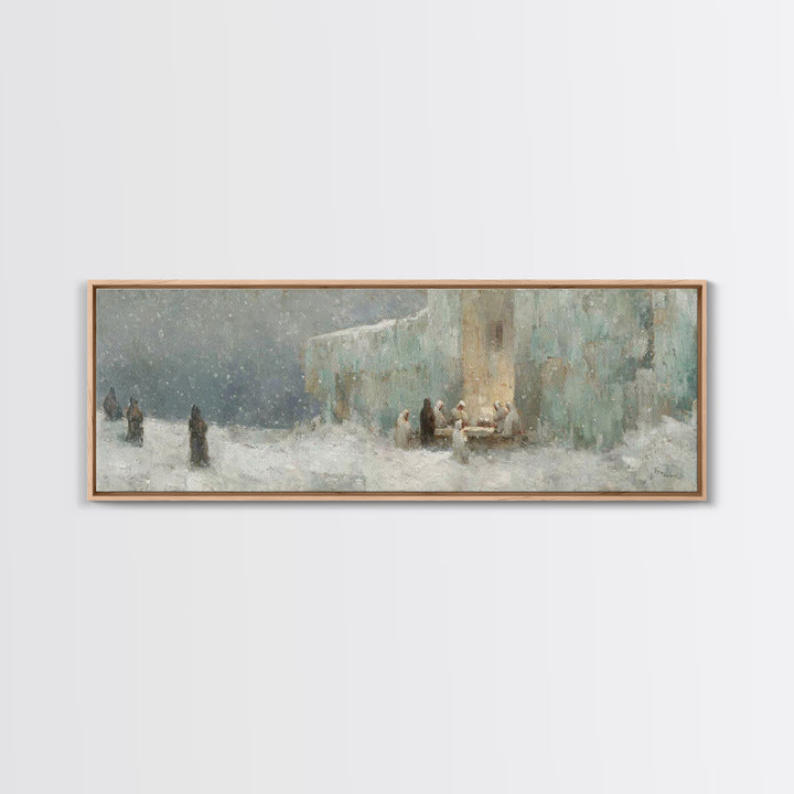 Winter Gathering Light, Framed Canvas Print, Christian Wall Art, Christian Art Canvas, Christmas Art Prints, Panoramic Painting, Christian