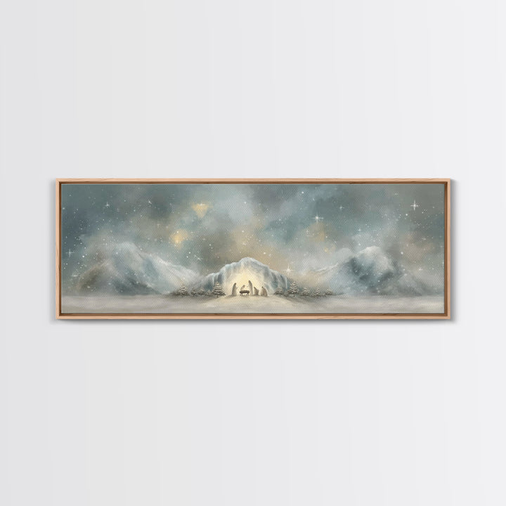 Starry Mountain Birth – Framed Canvas Print – Christian Christmas Art – Christian Art Canvas – Jesus Painting – Panoramic Frame – Christian