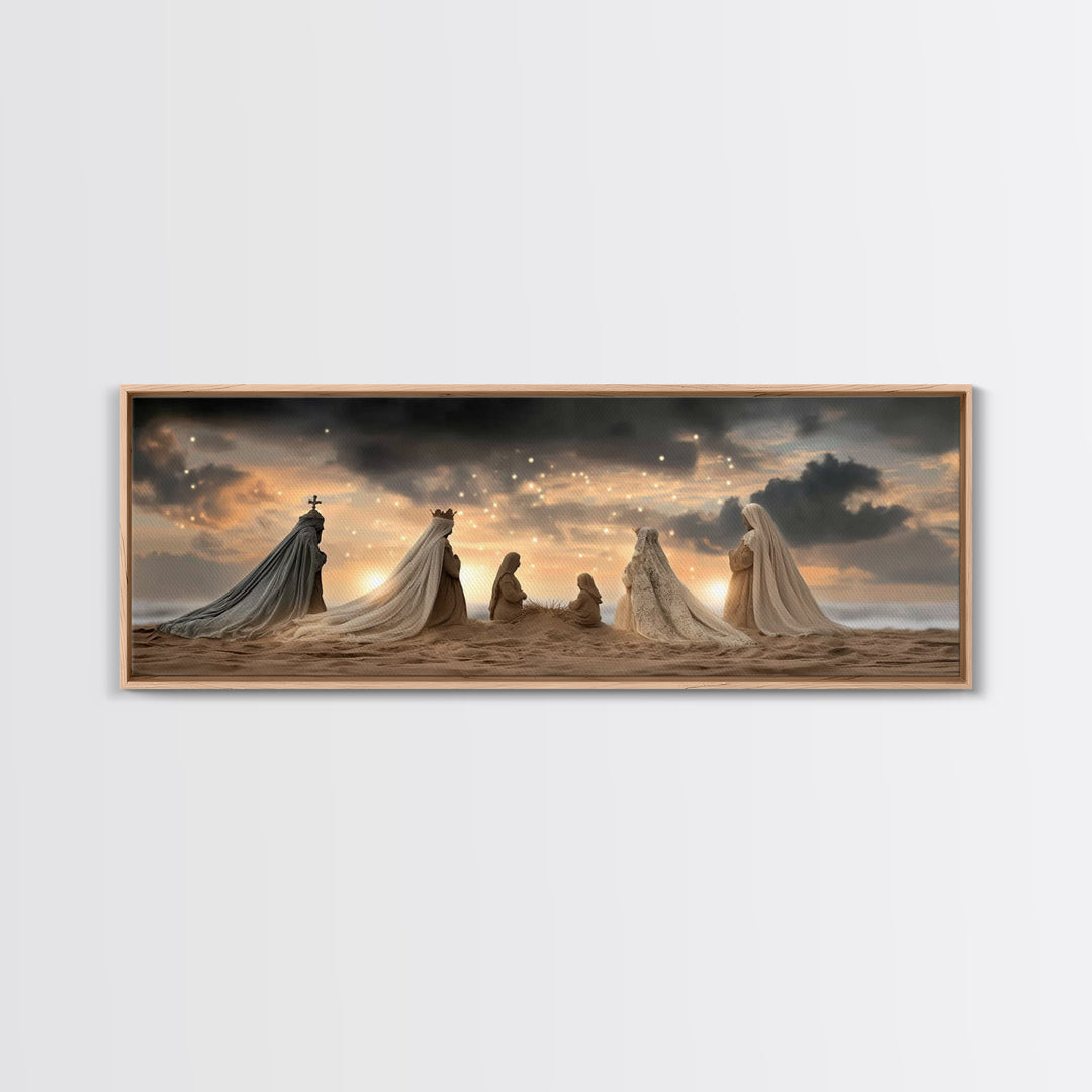 Sandy Nativity Horizon – Framed Canvas Print – Christian Christmas Art – Christian Art Canvas – Jesus Wall Art – Panoramic Art – Christian