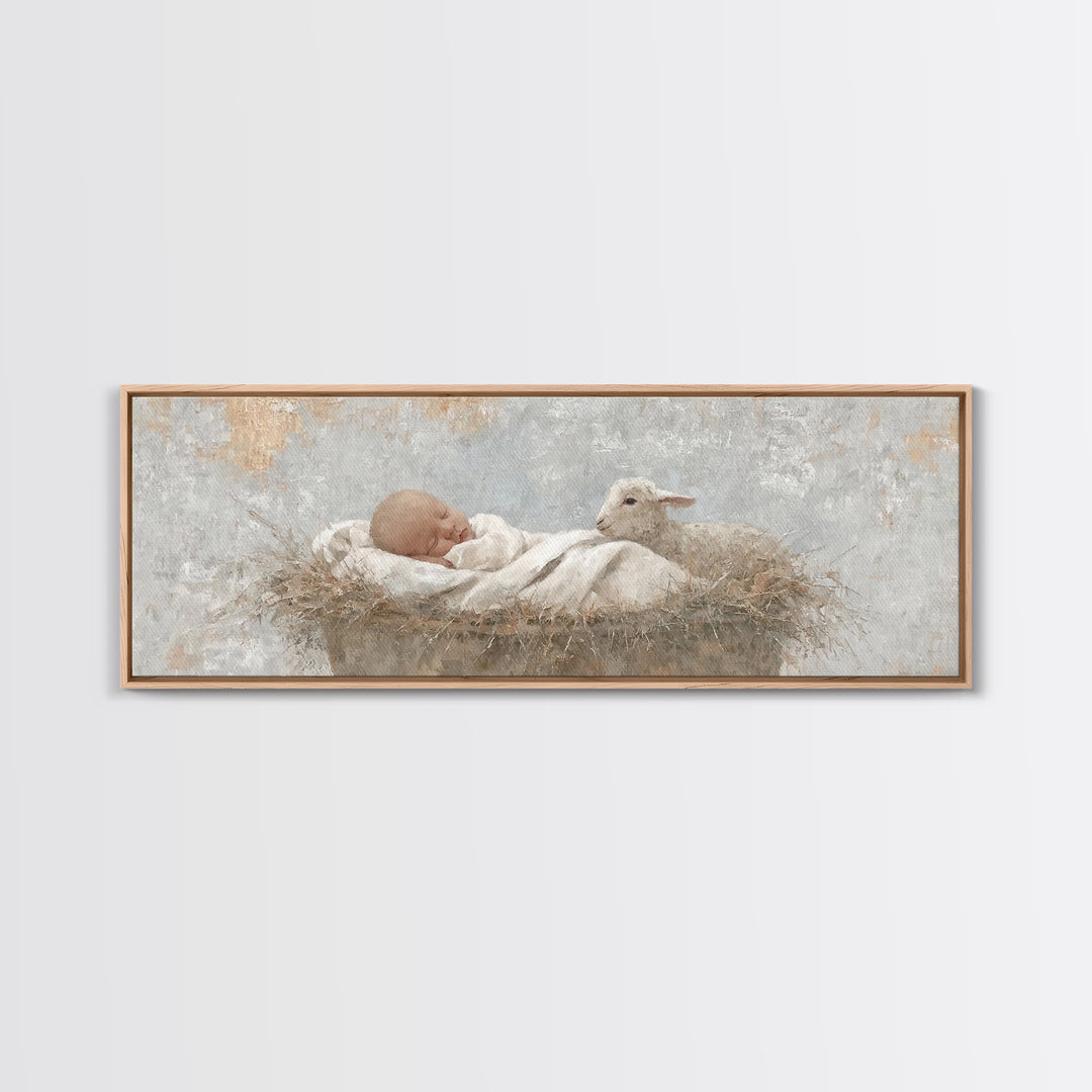 Tiny Manger Grace – Framed Canvas Print – Christmas Wall Art – Christian Art Canvas – Panoramic Painting – Jesus Christmas Art – Christian
