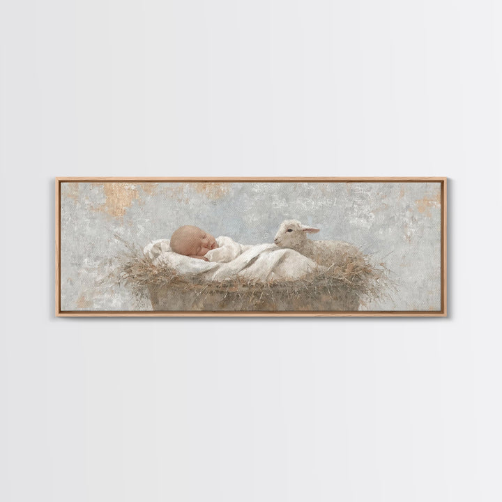 Tiny Manger Grace – Framed Canvas Print – Christmas Wall Art – Christian Art Canvas – Panoramic Painting – Jesus Christmas Art – Christian