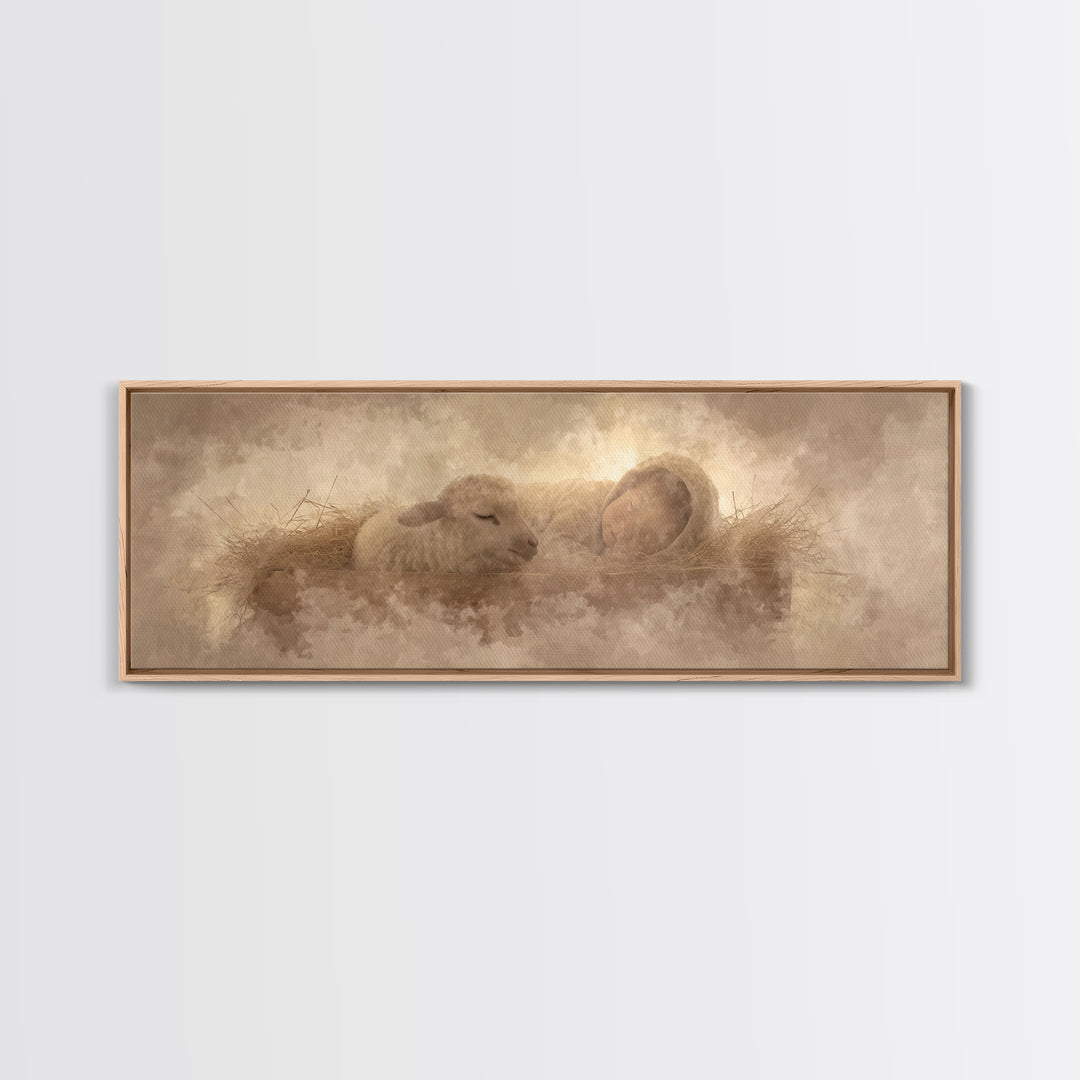 Sacred Cradle Light, Framed Canvas Print, Christian Christmas Art, Panoramic Wall Art, Christian Art Canvas, Jesus Art Print, Christian Wal