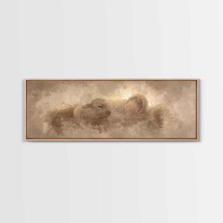Sacred Cradle Light, Framed Canvas Print, Christian Christmas Art, Panoramic Wall Art, Christian Art Canvas, Jesus Art Print, Christian Wal
