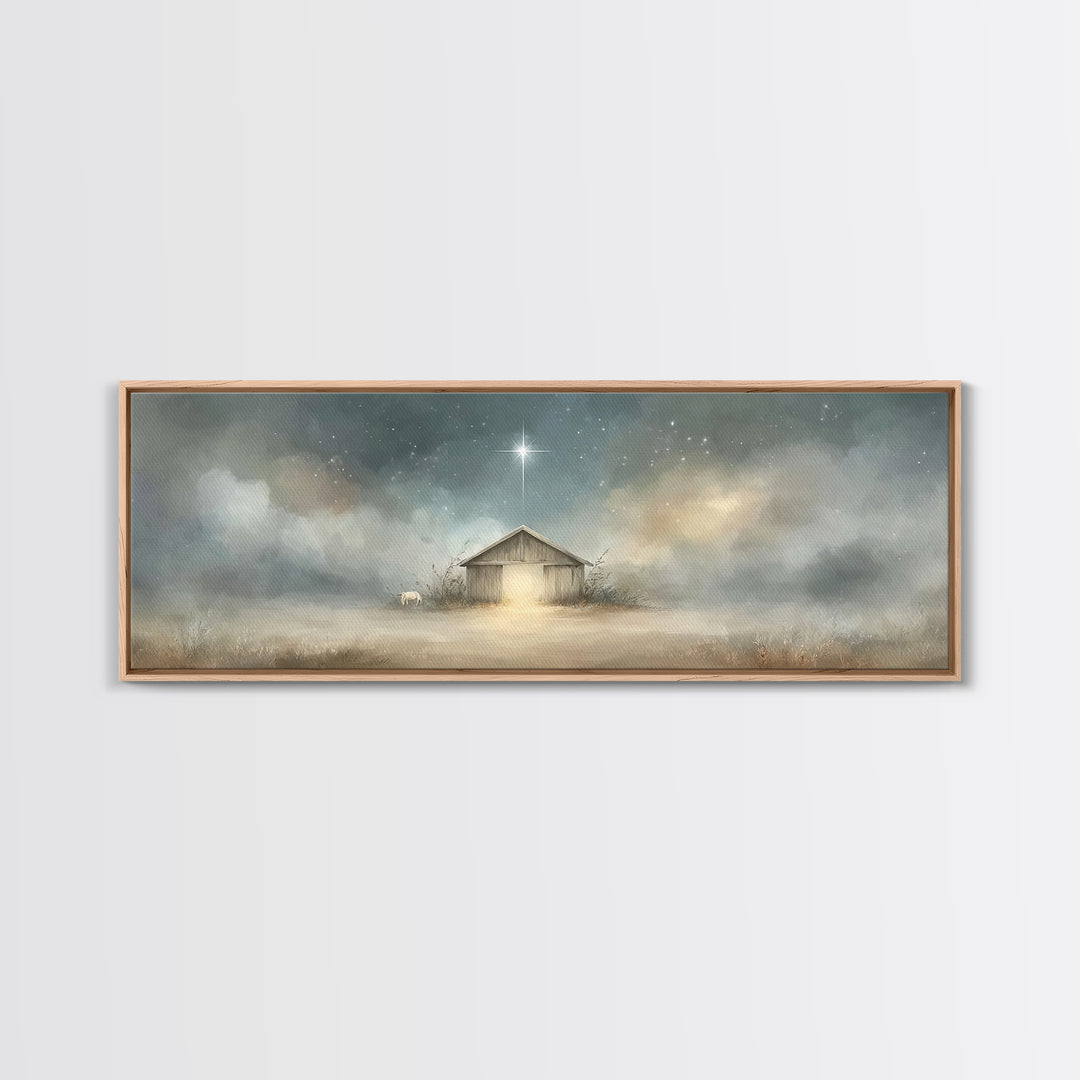 Starry Night Manger | Framed Canvas Print | Christian Wall Art | Panoramic Painting | Christmas Wall Art | Jesus Painting
