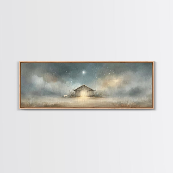 Starry Night Manger | Framed Canvas Print | Christian Wall Art | Panoramic Painting | Christmas Wall Art | Jesus Painting