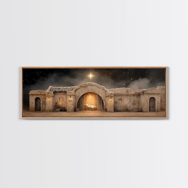 Radiant Stable Peace – Framed Canvas Print – Christian Wall Art – Panoramic Frame – Christmas Art – Christian Art Canvas – Jesus Painting