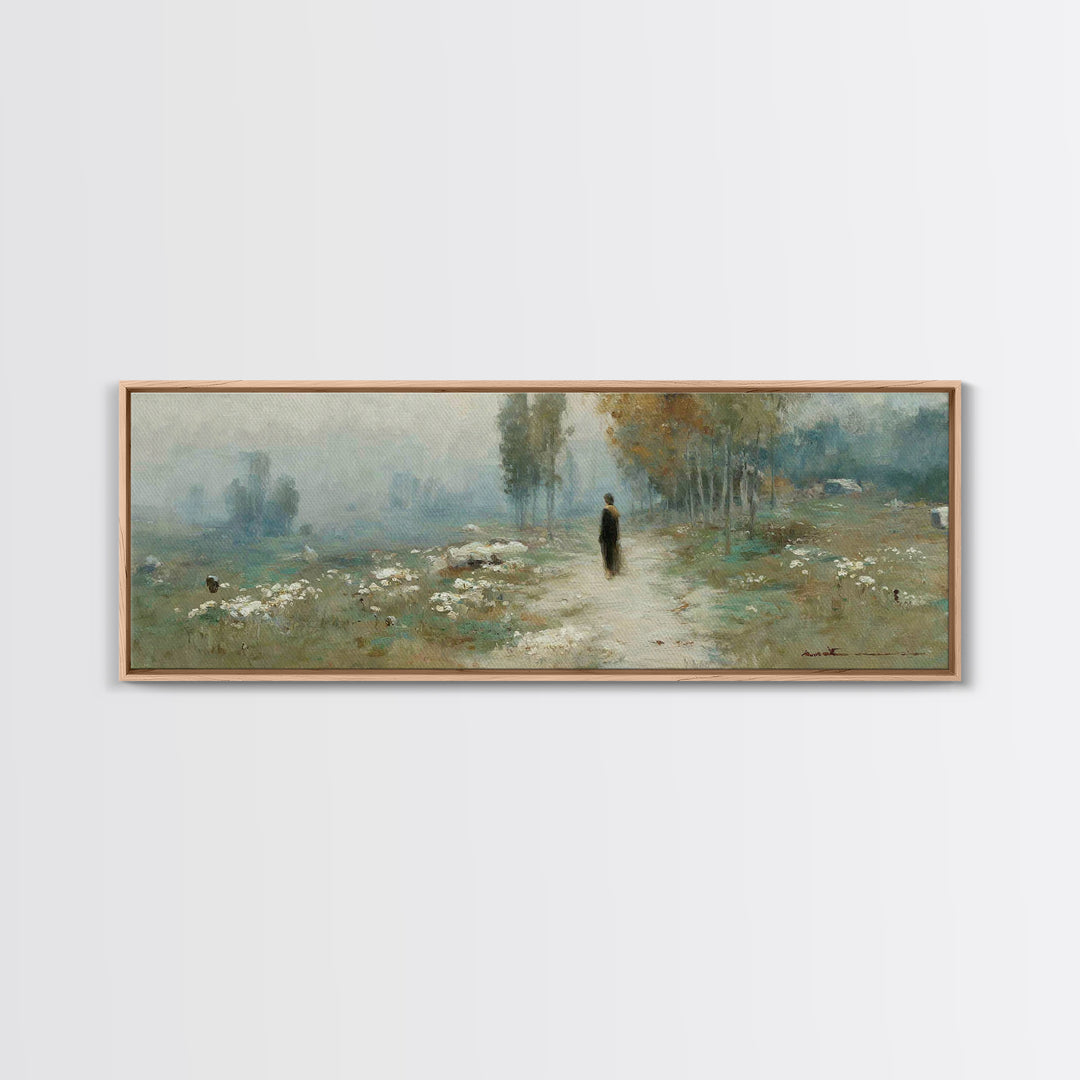 Misty Valley Walk, Framed Canvas Print, Christian Art Canvas, Panoramic Wall Art, Christian Art, Jesus Painting, Christmas Art