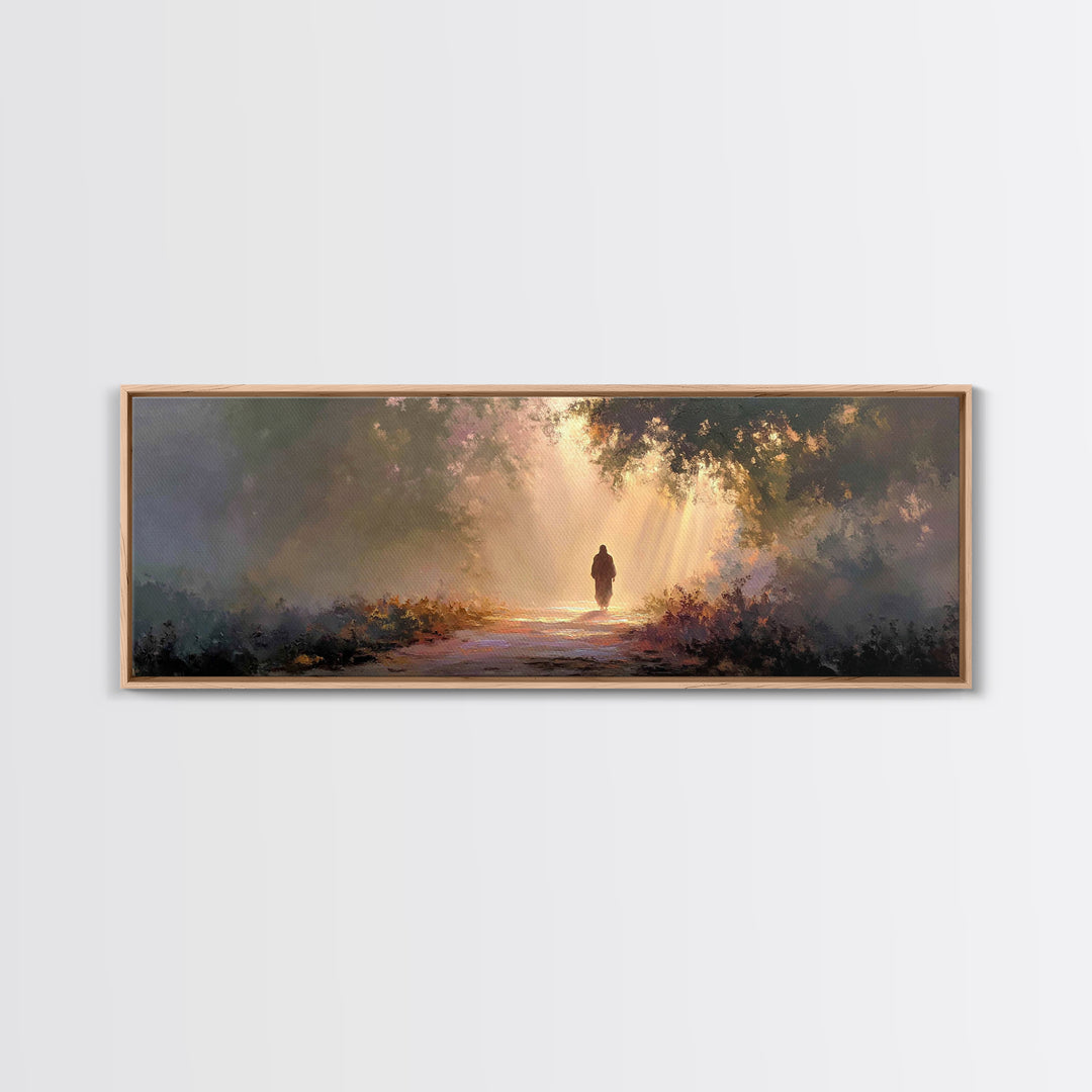 Radiant Woodland Path | Framed Canvas Print | Panoramic Art | Jesus Painting | Christian Art Canvas | Moody Christian Art | Christian Wall