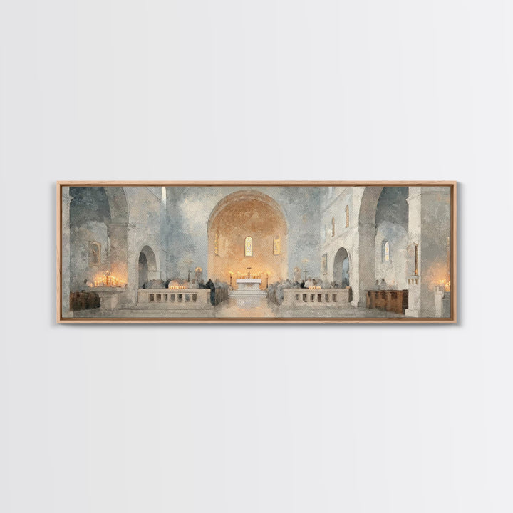 Starry Chapel Gathering, Framed Canvas Print, Panoramic Art, Christian Wall Art, Christian Art Canvas, Christmas Art Prints, Christian Chri