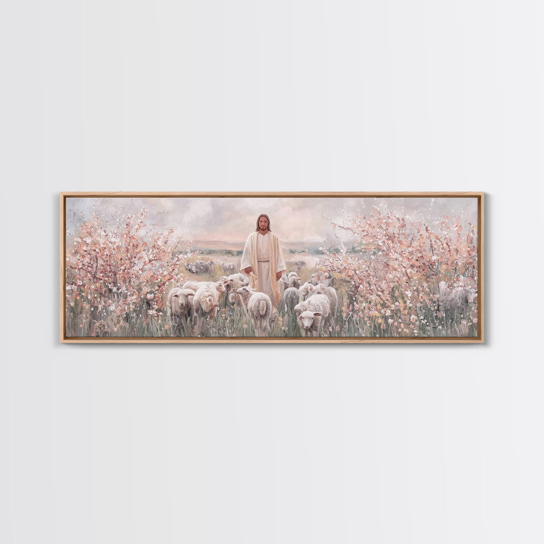 Shepherd Of Blossoms | Framed Canvas Print | Panoramic Art | Jesus Painting | Christian Art Canvas | Christian Christmas Art | Christian Wa