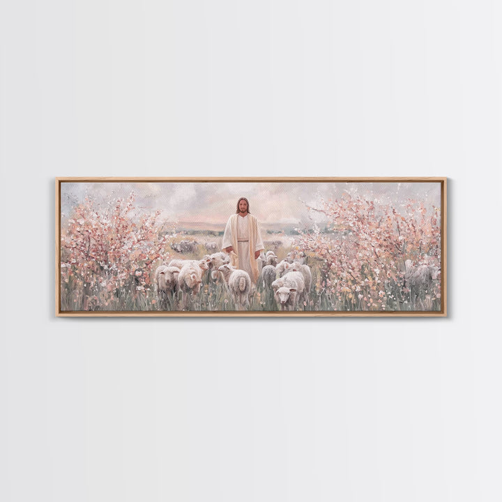 Shepherd Of Blossoms | Framed Canvas Print | Panoramic Art | Jesus Painting | Christian Art Canvas | Christian Christmas Art | Christian Wa