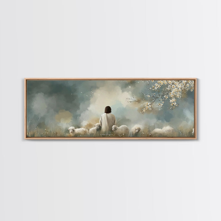 Peaceful Pasture Light – Framed Canvas Print – Panoramic Painting – Christian Art Canvas – Christian Wall Art – Jesus Painting – Christian