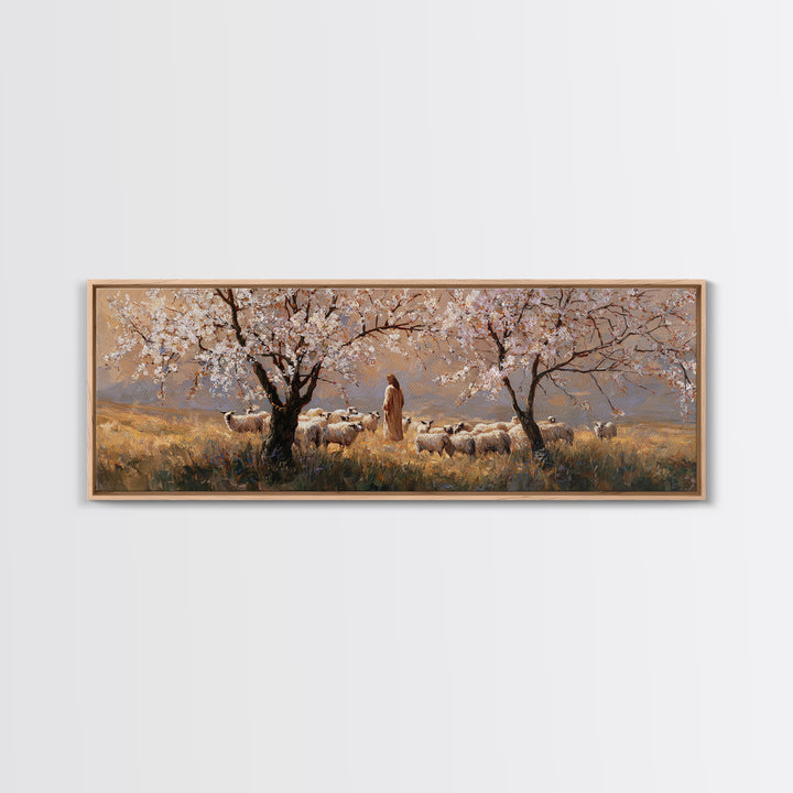 Shepherds In Bloom, Framed Canvas Print, Panoramic Wall Art, Christian Art Canvas, Jesus Painting, Christian Christmas Art, Christian Wall