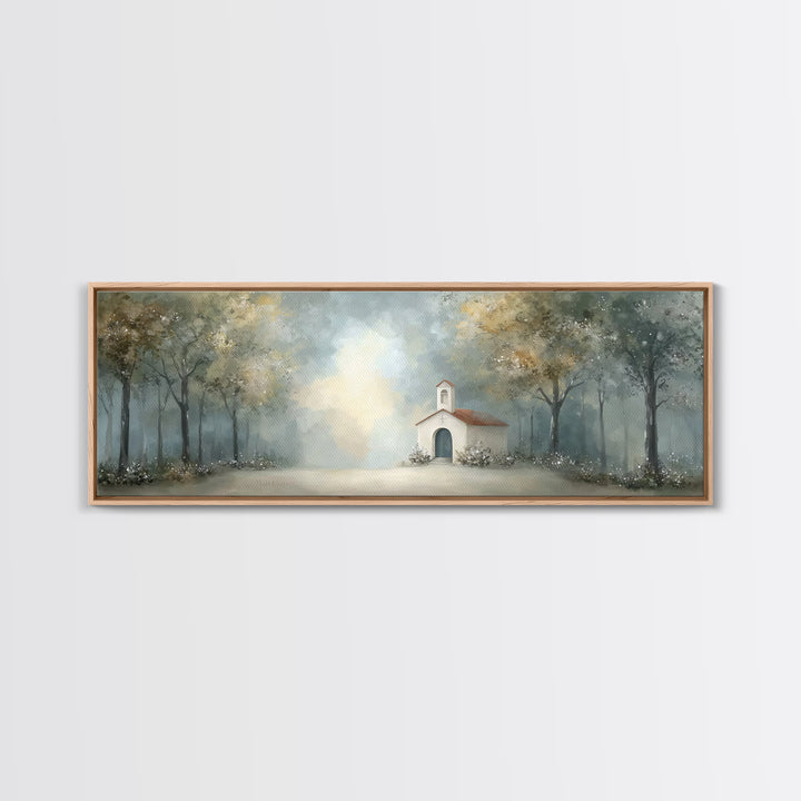 Forest Chapel Peace, Framed Canvas Print, Panoramic Art, Christian Art Canvas, Christian Wall Art, Christian Christmas Art, Christian Paint