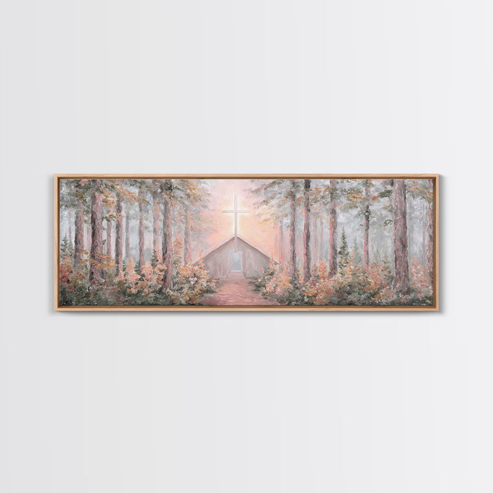 Woodland Cross Glow – Framed Canvas Print – Panoramic Painting – Christian Art Canvas – Christian Wall Art – Christian Christmas Art – Chri