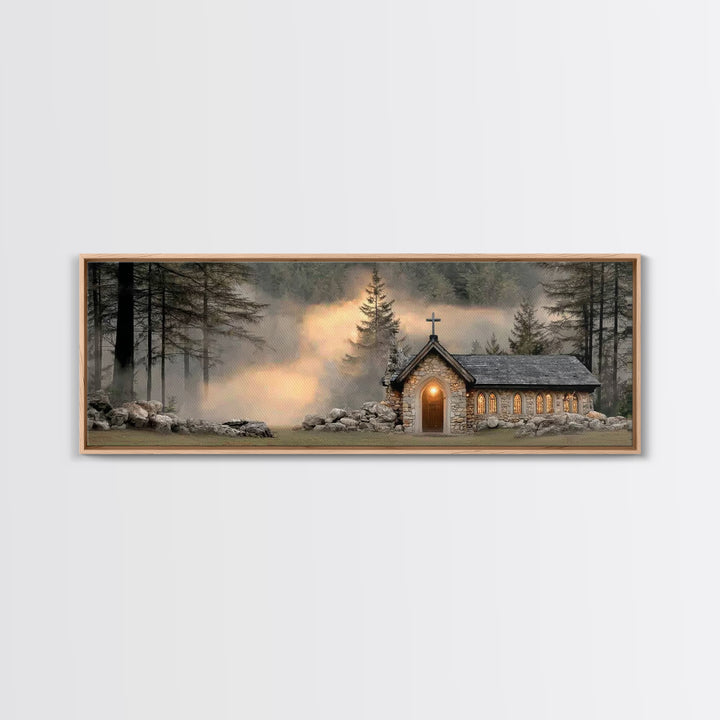 Chapel In The Pines | Framed Canvas Print | Panoramic Frame | Christian Wall Art | Christian Christmas Art | Christian Art Canvas | Christi