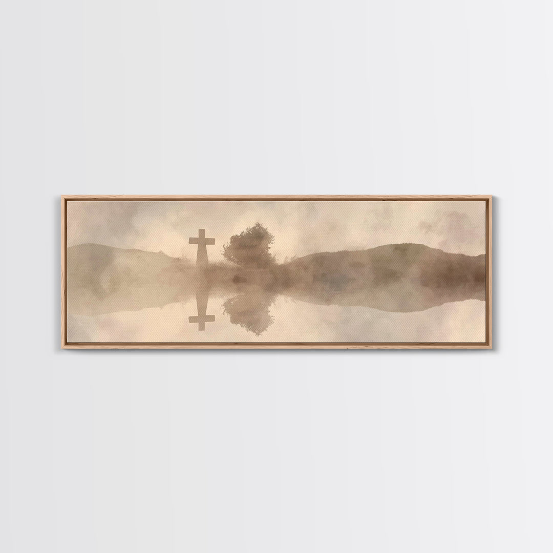 Misty Cross Reflections – Framed Canvas Print – Christian Wall Art – Panoramic Art – Christian Art Canvas – Jesus Painting – Christian Gift