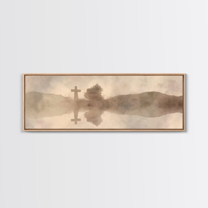 Misty Cross Reflections – Framed Canvas Print – Christian Wall Art – Panoramic Art – Christian Art Canvas – Jesus Painting – Christian Gift