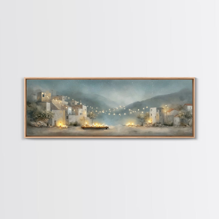 Starlit Village Peace, Framed Canvas Print, Christian Wall Art, Panoramic Art, Christian Christmas Art, Christian Art Print, Christian Deco