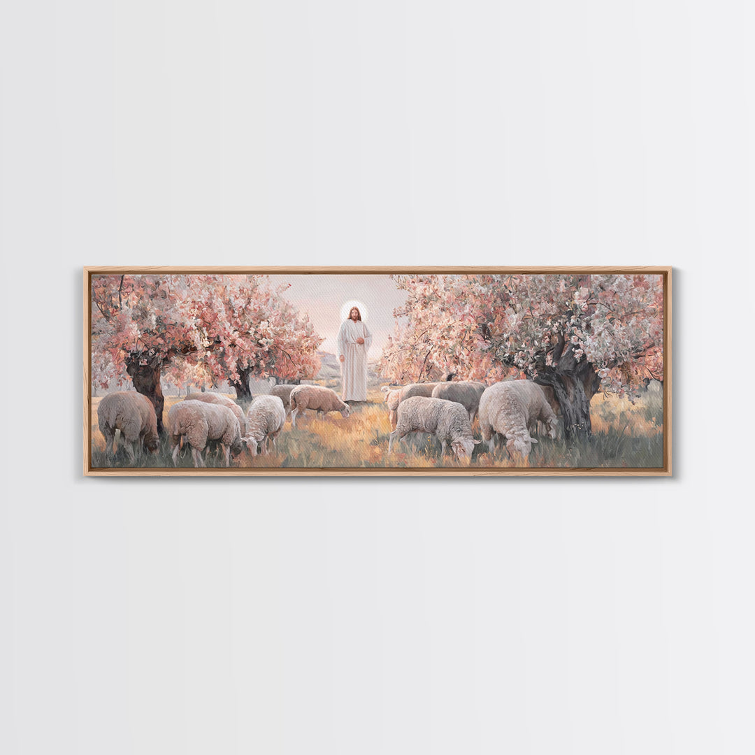 Peaceful Flock Dawn, Framed Canvas Print, Christian Art Print, Panoramic Art, Christmas Art, Christian Wall Art, Jesus Canvas Art