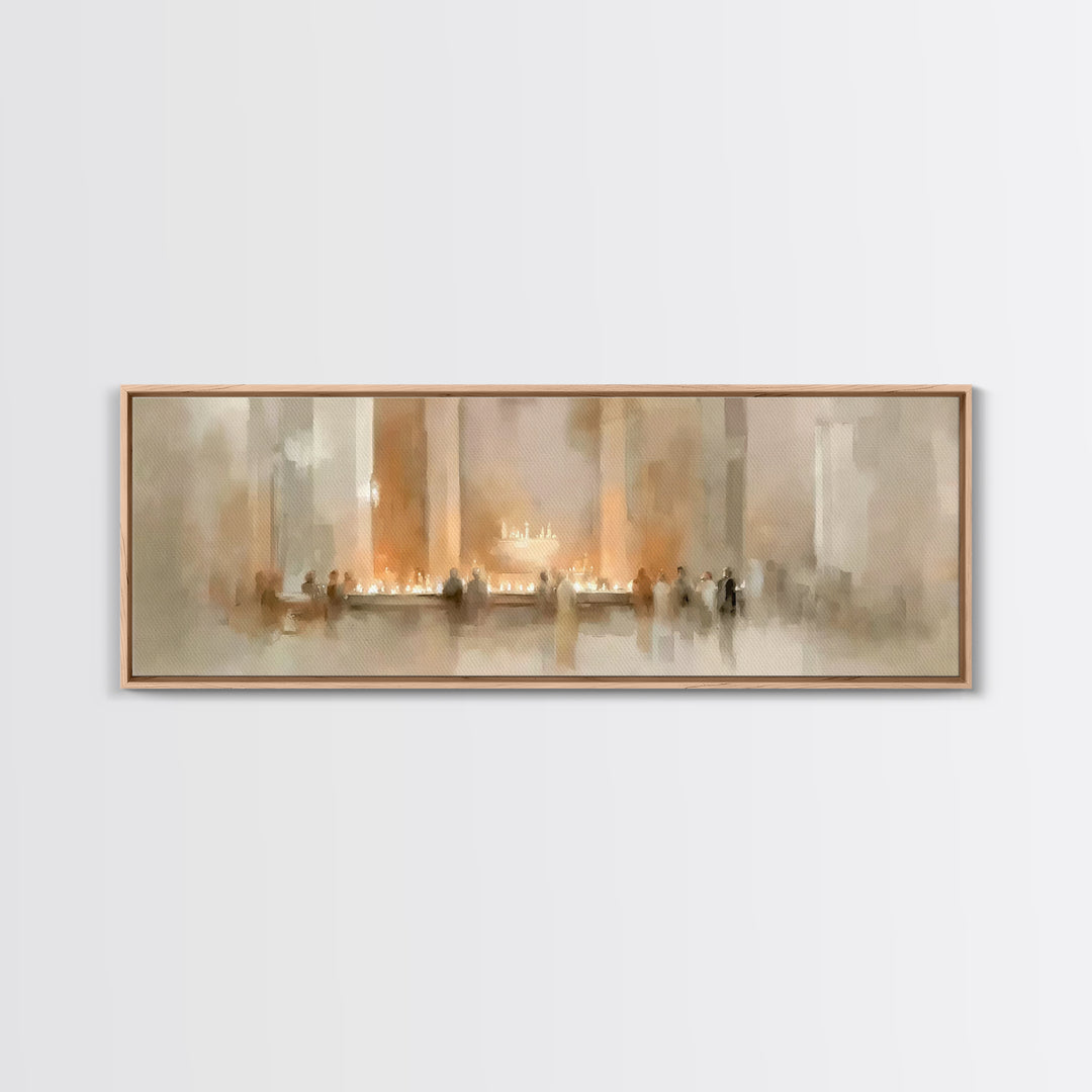 Sacred Candle Gathering | Framed Canvas Print | Christian Wall Art | Christian Christmas Art | Panoramic Wall Art | Christian Art Canvas